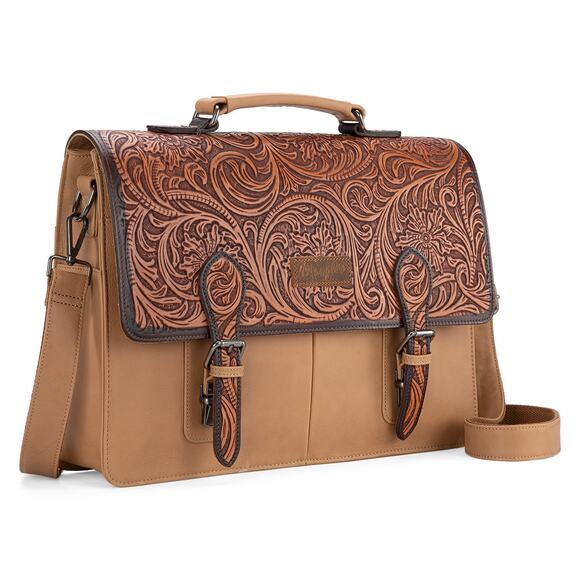 Wrangler Tan Genuine Leather Tooled Travel/Laptop/Messenger Bag *NEW in Package* - Picture 10 of 10